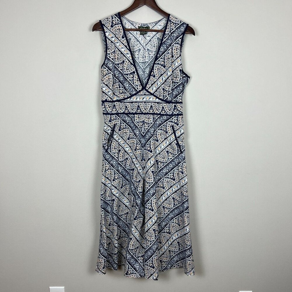 Eddie Bauer Midi Dress Womens 14 Blue Yellow Bandana Floral Print Cotton Stretch